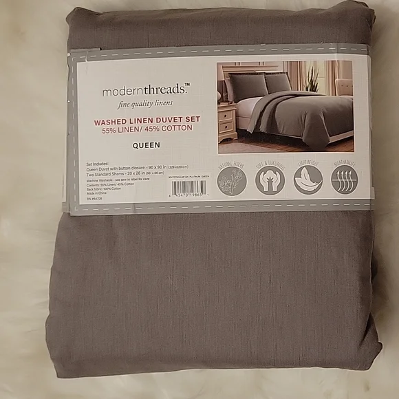 Modern Threads Platinum Natural Fiber washed linen duvet set Queen NEW 90x90…